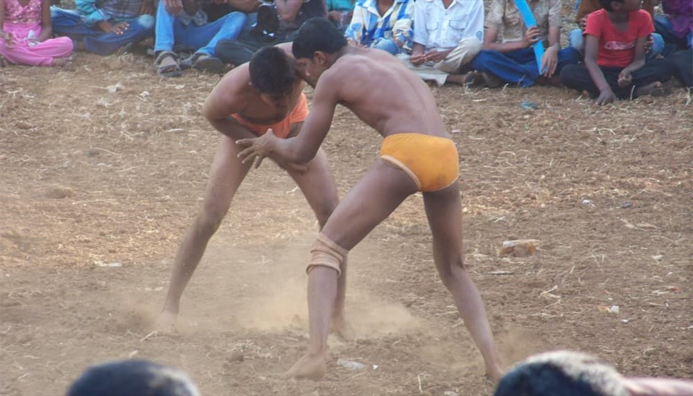 Two wrestlers on a village akhara in Maharashtra